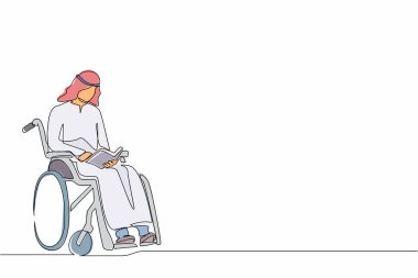 Devamlı genç, pozitif sakat öğrencileri çizen bir satır tekerlekli sandalyede otururken kitap okuyor. Üniversitede okuyan Arap engelli bir adam. Tek çizgi çizimi tasarım vektörü grafik çizimi