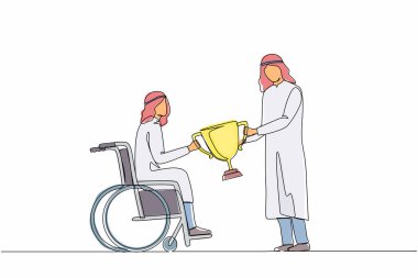 Tekerlekli sandalyedeki engelli bir Arap 'ın ödül kupasını sürekli çekmesi. Başarılar ve zafer. Engelli insanlar spor ve iş hayatında başarılıdır. Tek çizgi çizimi tasarım vektörü grafiği