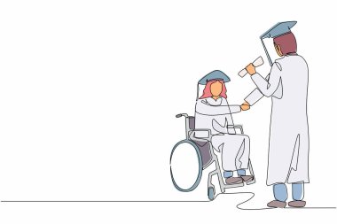 Üniversite rektörlüğünden mezun olan Arap erkek öğrencinin çizdiği tek çizgi. Engelli bekar, kapsayıcı eğitim konsepti. Devamlı çizgi tasarımı grafik vektör illüstrasyonu