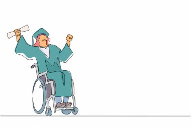 Aralıksız tek sıra halinde engelli bekarları çekiyor. Eğitim kavramını da kapsıyor. Genç, mutlu bir Arap, diplomasını elinde tutuyor ve tekerlekli sandalyede oturuyor. Bir çizgi çizimi grafik tasarım vektörü
