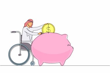 Tek sıra halinde mutlu, engelli bir Arap adam para biriktiriyor. Tekerlekli sandalyede elinde domuz kumbarası olan ve parayı düşünen biri. Engelli, finans konsepti. Devamlı çizgi çizimi grafik vektörü