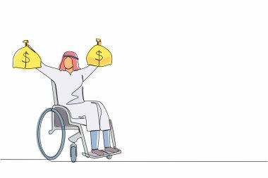 Para çantası tutan Arap bir işadamının durmaksızın çizdiği bir çizgi. Engelli tekerlekli sandalyedeki adam için engelli sigortası ödemeleri. Koruma programı. Tek çizgi tasarım vektör çizimi