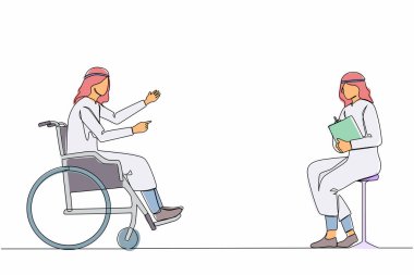 Ofisteki iş görüşmesinde engelli bir Arap 'ı sürekli olarak kendine çekiyor. Tekerlekli sandalyedeki kişi işvereniyle konuşuyor. İş görüşmesi, iş günü, sosyal yardım. Tek çizgi çizimi tasarım vektör çizimi