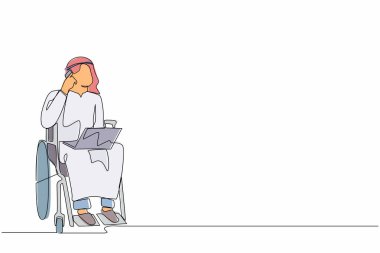 Tekli sandalyedeki Arap 'ın dizüstü bilgisayarda çalışırken telefonda konuştuğu tek sıra. Engelli işadamı cep telefonuyla müşteriyle konuşuyor. Bir çizgi çizme tasarım vektörü