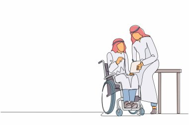 Tekli bir satırda, Arap işadamı tekerlekli sandalyede oturuyor ve işletme grafiğini yöneticiye sunuyor. Modern ofisteki iş arkadaşları. Devamlı çizgi çizimi grafik vektörü