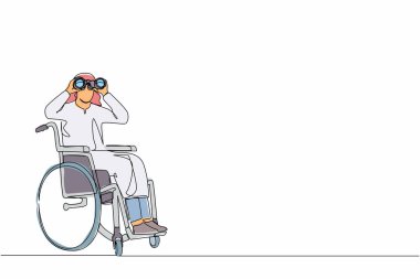 Tekerlekli sandalyedeki başarılı Arap işadamını yeni fikirler, çözümler, kararlar için dürbünlerle sürekli çeken bir çizgi. Fırsat kavramını keşfet. Tek çizgi çizimi tasarım vektörü grafiği