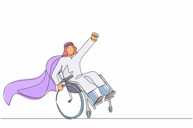 Tekli sandalyede oturan sakat Arap adamın çizdiği tek çizgi düz karakter konsepti. Özürlü bir süper kahraman, zihin gücü. Asla pes etme. Aralıksız çizgi çizimi tasarım grafik vektör çizimi