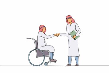 Tekerlekli sandalyedeki sakat Arap işadamının iş ortağıyla el sıkışması. İş arkadaşımla engelli yöneticiler diyaloğu. Bir çizgi çizimi grafik tasarım vektörü