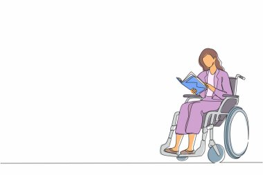 Tek satır pozitif öğrenci çizimi engelli tekerlekli sandalyede otururken kitap okuyor. Üniversitede okuyan cesur bir kadın. Engellilerin rehabilitasyonu. Devamlı çizgi çizim tasarım vektörü