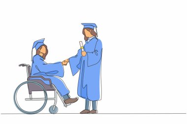 Tekerlekli sandalyedeki kız öğrencinin sürekli el sıkışması ve elinde diploma tutması. Tek çizgi tasarım vektör grafik çizimi