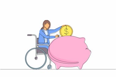 Bozuk para biriktirmek için tek sıra halinde engelli bir iş kadını. Tekerlekli sandalyede elinde domuz kumbarası olan ve parayı düşünen biri. Engelli, finans konsepti. Devamlı çizgi çizim tasarım vektörü