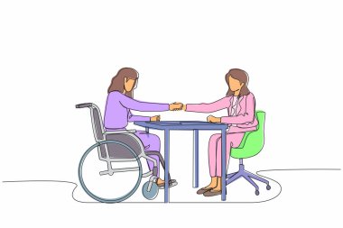 Sürekli olarak iki kadının tekerlekli sandalyedeki engelli bir kadınla röportaj yapmak için ofiste buluşması. Patron elini sıkmak için karşısında oturuyor ve işi kapmasını kutluyor. Tek çizgi çizme tasarım vektörü