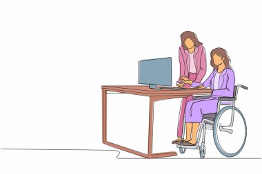 Tekerlekli sandalyedeki engelli iş kadınının, iş arkadaşlarıyla birlikte çalıştığı sürekli bir çizgi. İnsanlar iş grafiğini bilgisayarda tartışıyor. Tek çizgi çizimi tasarım vektörü grafik çizimi