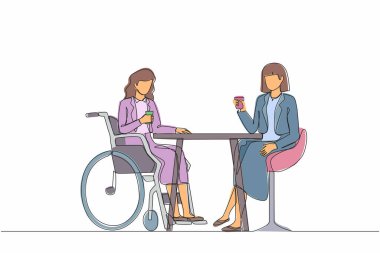 İki iş kadınının iş toplantısında konuştuğu tek sıra. Meslektaşlar kahve molası verir. Engelli kadın arkadaşıyla kahve içiyor. Dinamik bir çizgi grafik tasarım vektörü