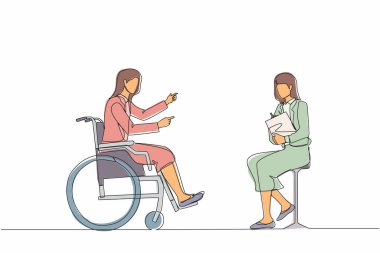 Özürlü insanlar için kesintisiz bir iş görüşmesi. Tekerlekli sandalyede oturan engelli kadın, kadın işverenle sözleşmeyi kabul ediyor. İş görüşmeleri. Tek çizgi tasarım vektörü