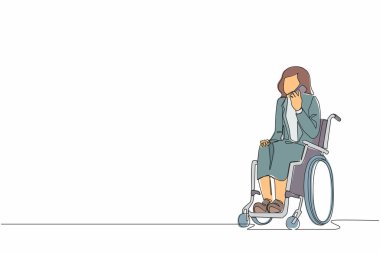 Tekli sandalyede sakat bir kızın evde çalışırken telefonla konuşması. Cep telefonuyla müşteriyle konuşan cesur bir iş kadını. Devamlı çizgi çizim tasarım vektörü