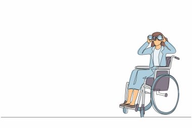 Tek sıra halinde tekerlekli sandalyedeki başarılı iş kadını yeni fikirler, çözümler ve kararlar arıyor. Fırsat kavramını keşfet. Bir çizgi çizimi grafik tasarım vektörü