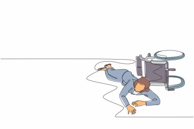 Tekli bir sıra iş kadını yerde otururken tekerlekli sandalyeden düştü. Engelli kadın hasta düştü ve hastane odasında sürünerek yardım istedi. Devamlı çizgi tasarım grafik vektörü