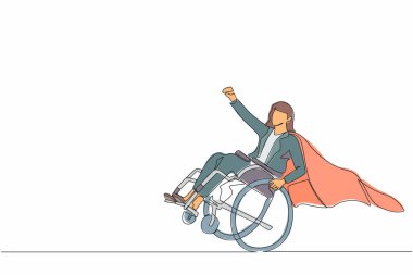 Devamlı bir çizgi halinde pelerin giyen engelli iş kadını süper kahraman gibi davranıp ellerini kaldırıyor. Hayatın zorluklarına rağmen mutlu ve güçlü ol. Tek çizgi çizimi tasarım vektörü grafiği