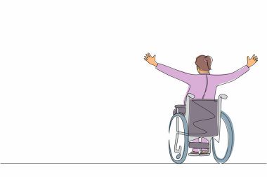 Tekli sandalyede oturan, mutluluk içinde kollarını kaldıran, rehabilitasyon konsepti olan bir iş kadını. Mutlu insan sevinçten ellerini kaldırıyor. Devamlı çizgi çizim tasarım vektörü