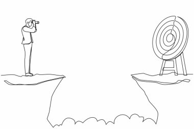 Tek sıra halinde, elinde dürbünle kayalıklarda duran bir iş adamı. İş hedefi kavramı. İşadamı başarıya odaklanıyor. Aralıksız çizgi çizimi tasarım grafik vektör çizimi