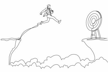Tek sıra halinde iş adamı hedefine ulaşmak için uçurumdan atlıyor. Başarı risk alırken hareket eder. Girişimci sorunları, motivasyon, kişisel gelişim. Bir çizgi çizimi grafik tasarım vektörü