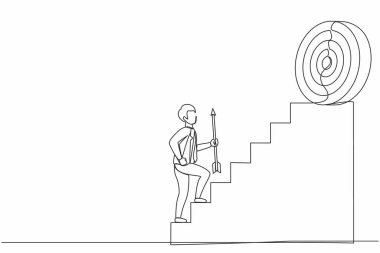 Tek sıra halinde, yüksek hedefe doğru koşan bir işadamının elinde ok tutuyor. İş büyümesi kavramı ve başarıya giden yol. Kariyer yolu. Bir çizgi çizimi grafik tasarım vektör çizimi