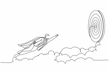 Devamlı bir çizgi halinde pelerinli süper kahraman iş adamı hedefe doğru uçuyor. İş başarısı, liderlik, profesyonellik, hedef başarısı. Tek çizgi çizimi tasarım vektörü grafik çizimi