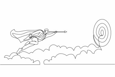 Başarıya ulaşmak için okla ileri uçan süper kahraman işadamlarının çizdiği bir çizgi devam ediyor. Güç liderliği hırsı ve başarı. Tek çizgi çizimi tasarım vektörü grafik çizimi