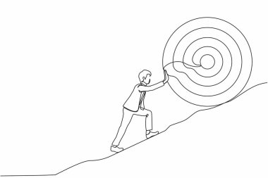 Tek sıra halinde iş adamı büyük hedefi dağa doğru itiyor. Maaşlı adam dev hedefi yukarı itiyor. Çok zor. Çok büyük bir hedef zor olabilir. Bir çizgi çizimi grafik tasarım vektörü