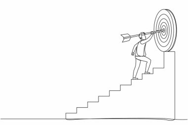 Aralıksız bir çizgi üzerinde ok atan işadamı hedefine doğru koşuyor, motivasyon ilerliyor, hedefe ulaşmak için yüksek bir yol, merdivenlerden geçmek, başarı adımları. Tek çizgi tasarım vektörü