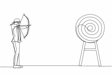 Tek sıra halinde iş adamı gözlerini bağlayarak hedefi vurmaya çalışıyor. Hedefe vizyonsuz ulaşmaya çalışıyorum. Elinde yay tutan göz bağı olan adam hedef arıyor. Devamlı çizgi çizim tasarım vektörü