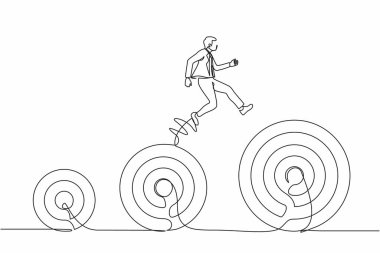 Devamlı tek sıra halinde iş adamı kariyer hedeflerini yükseltiyor. Bir sonraki hedef iş. Planlama ve başarılı. İş metaforu. Tek çizgi çizimi tasarım vektörü grafik çizimi