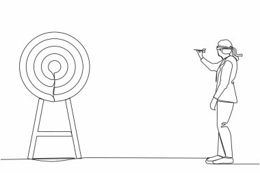 Tek sıra halinde gözü bağlı işadamını çekiyor ve hedefi vuruyor. Gözü bağlı işadamı soru işaretiyle hedefi dartla vurmaya çalışıyor. Bir çizgi çizimi grafik tasarım vektörü