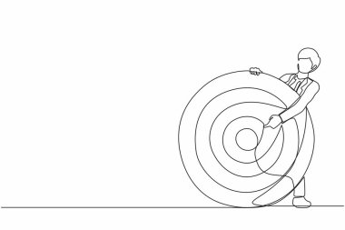 Okçu hedefini ya da gösterge panelini hedef alan bir iş adamını sürekli tek bir çizgi halinde çekmek. İş hedefine odaklan, motivasyon hedefini belirle. Tek çizgi tasarım vektör grafik çizimi