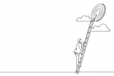 Hedefe giden merdivenleri tek sıra halinde çekin. Takım elbiseli bir işadamı hedefin tepesine çıkıyor. İş konsepti. Hedefe ulaşılıyor. Merdiven gökyüzü. Nişan alma stratejisi. Bir çizgi çizimi grafik tasarım vektörü