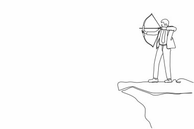 Tek sıra halinde bir iş adamı elinde okçuyla uçurumun kenarında dikiliyor. İş hedefi hedefi. İşadamı başarıya odaklanıyor. Hedefi ok ve yayla vuruyor. Devamlı çizgi çizim tasarım vektörü