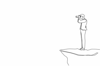 Dürbünle tepede duran iş adamını çeken tek sıra. İş vizyonu konsepti, liderlik, başarı, hedef. Dinamik bir çizgi çizer grafik tasarım vektörü çizer