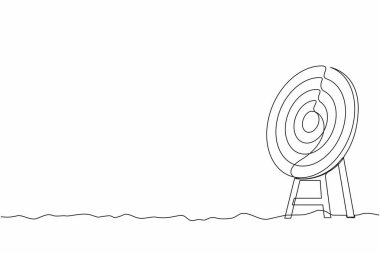 Tek çizgi, okçuluk hedef halkası çiziyor ve oklar hedefi vurmuyor. Dartboard tripodun üzerinde. Hedefe ulaşma konsepti. İş başarısı stratejisi sembolü. Devamlı çizgi çizimi grafik vektörü