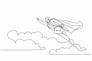 Tek sıra halinde, bulutların üzerinden uçan süper iş adamı. İş liderliği. İş finans başarısı kavramı. Yaratıcı bir fikir. Dinamik bir çizgi çizer grafik tasarım vektörü çizer