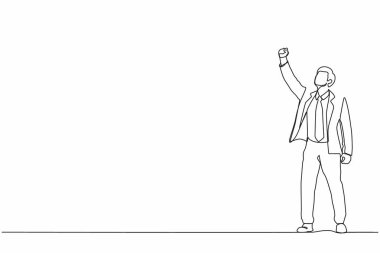 Tek sıra halinde, genç işadamı başarısını kutluyor ve kafasının üstüne sıkılmış yumruklarla el kaldırıyor. Başarı ve vizyon kavramı. Tek çizgi çizimi tasarım vektör llüstrasyonu