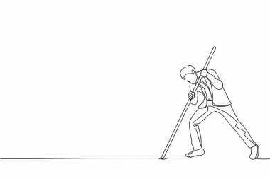 Tek sıra halinde ok ile işadamı işareti çiziyor. Oku tutan adam, hedefi yerde vurdu. Amaçlara ulaşmak. Pazarlama hedef stratejisine odaklan. Devamlı çizgi tasarımı grafik vektör illüstrasyonu
