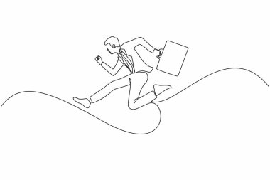 Sürekli bir çizgi halinde genç işçi başarısını göstermek için atlıyor. Takım elbiseli, evrak çantası taşıyan bir iş adamı beyaz arka planda bir noktadan diğerine atlıyor. Tek çizgi çizme tasarım vektörü