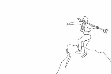 Devamlı bir çizgi, hedefine ulaşmak için yükselen oku atan güçlü bir iş kadınını kendine çekiyor. İş büyümesi, başarı, gelişme konsepti. Tek çizgi çizimi tasarım vektörü grafik çizimi