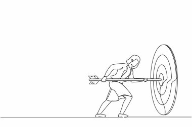 Tek sıra halinde, iş kadını elinde ok tutarak hedefini tutturuyor. İş kavramına odaklan. Hevesli insanlar. Görev tamamlandı. Modern sürekli çizgi çizim grafik vektörü