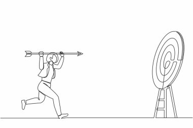 Aralıksız tek çizgi pozitif hırslı iş kadını hedefin üzerine büyük bir ok atıyor. Gol başarı konsepti. İş amacı, amaç, strateji başarısı. Bir çizgi çizimi tasarım vektörü illüstrasyonu