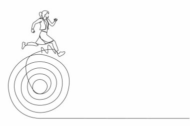 İşkadını hedefleri doğrultusunda ilerlemeye devam ediyor. Hedefe doğru koşan bir iş kadını. İş rekabetinden başarıya. Pazarlama kariyeri. Tek çizgi tasarım vektör grafik çizimi
