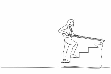 Genç iş kadınının çizdiği tek çizgi, merdivenleri çıkmak ve merdivenleri çıkmak için kocaman bir kalem kullanıyor. Strateji iş hedefine ulaşır, kariyer yolunda ilerler. Devamlı çizgi tasarım vektörü