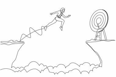 Hedefe ulaşmak için iş kadınını uçurumdan atlamaya zorlayan bir çizgi. Başarı risk alırken hareket eder. Girişimci sorunları, motivasyon, kişisel gelişim. Tek çizgi tasarım vektörü grafiği