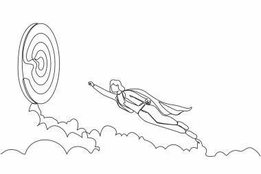 Tek sıra halinde, pelerinli süper kahraman iş kadını hedefe doğru uçuyor. İş başarısı, liderlik, profesyonellik, hedef başarısı. Bir çizgi çizimi grafik tasarım vektör çizimi